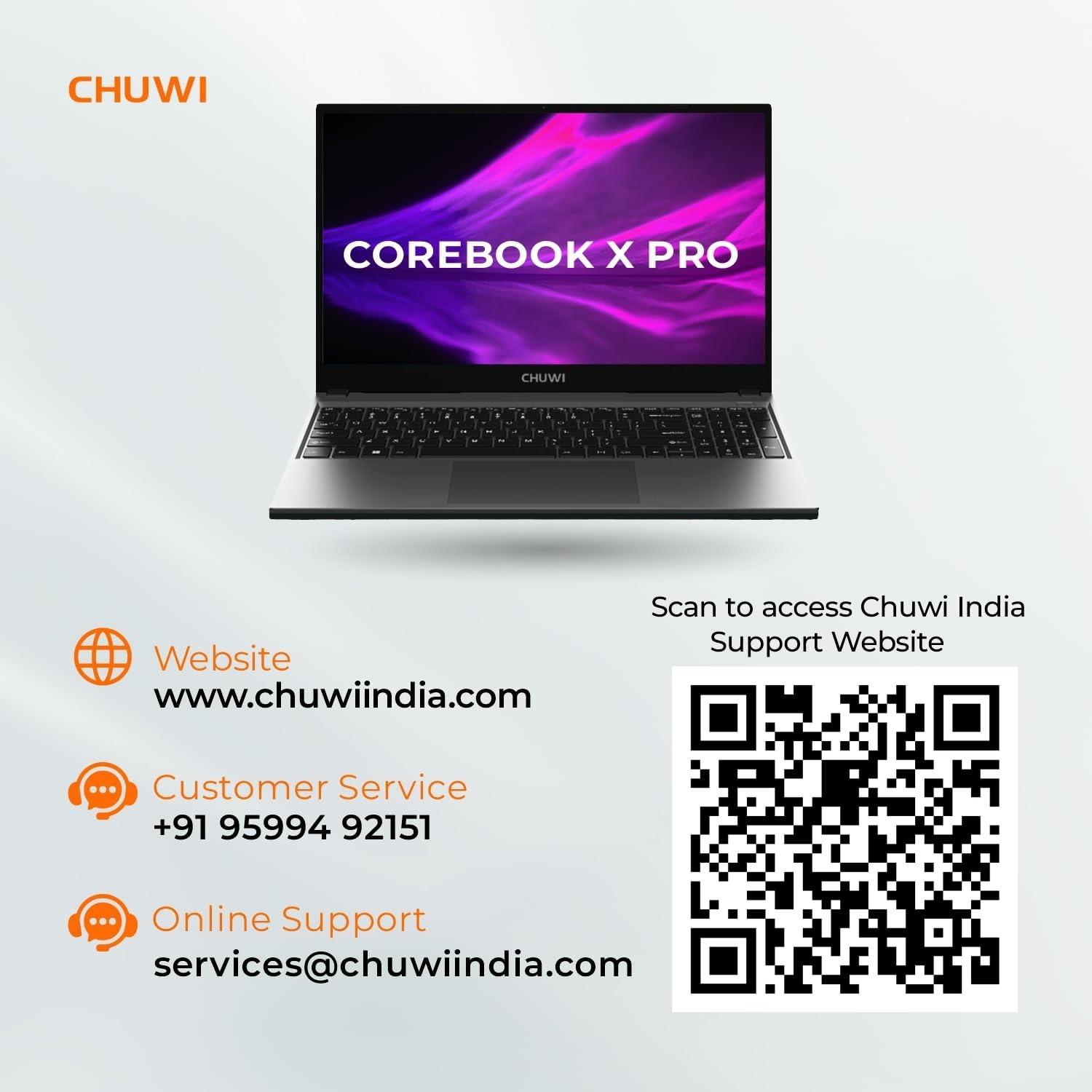 Laptop with 'COREBOOK X PRO' on screen, Chuwi branding, contact information, and QR code on a light gray background.